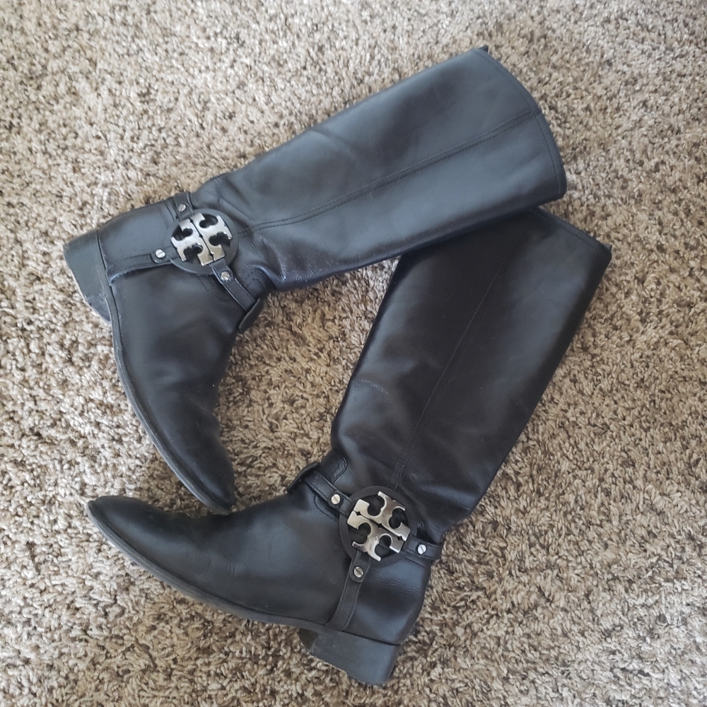 *DONATING SOON* TORY BURCH Black Leather Riding Boots with Silver Logo Size 8M